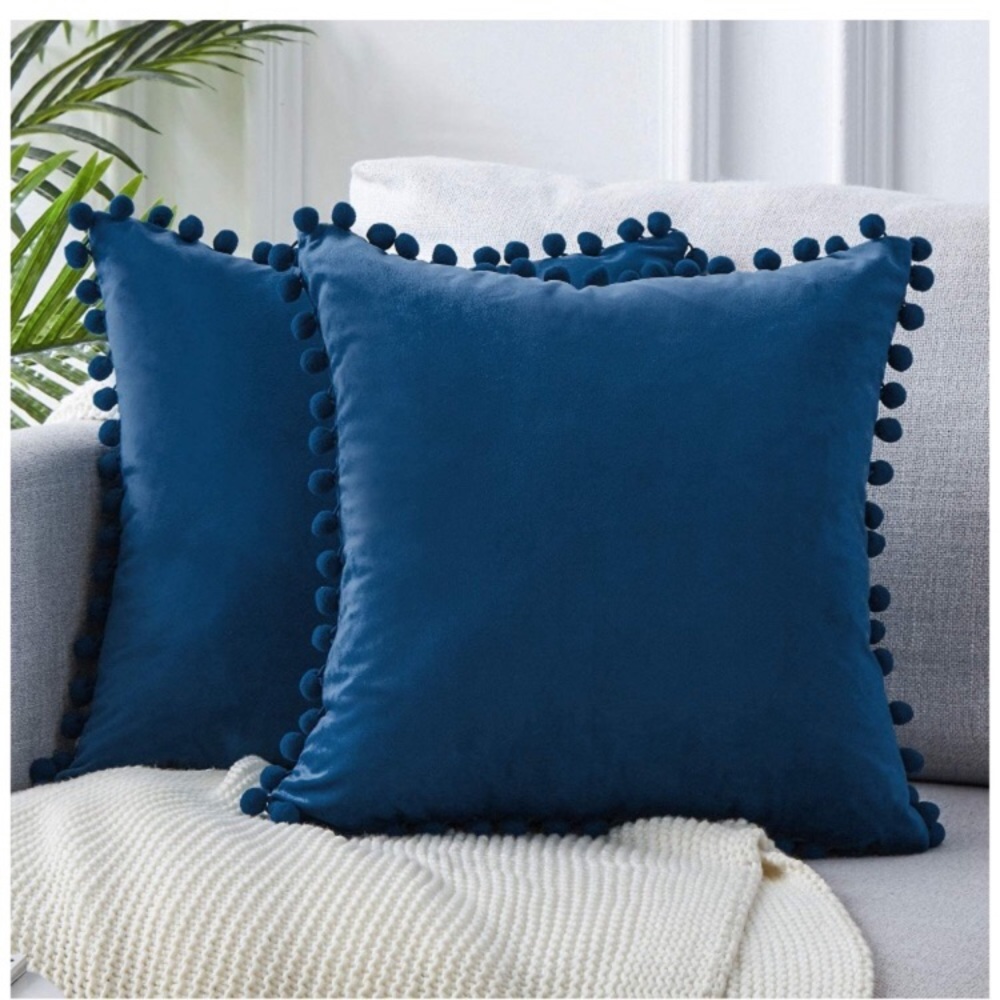 Trendy Light Grey Modern Cute Preppy Pompom Fringe Throw Pillow Cover Twin Set - Picture 11 of 16